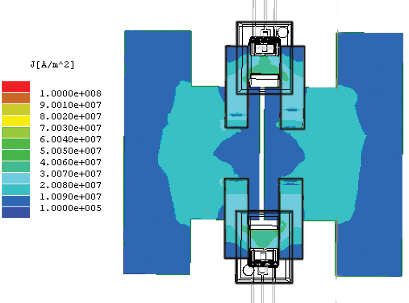 Simulated Current Density for 1/2 ITot Measurement. Data taken at 300 A ITOT, with 4-oz. copper trace.