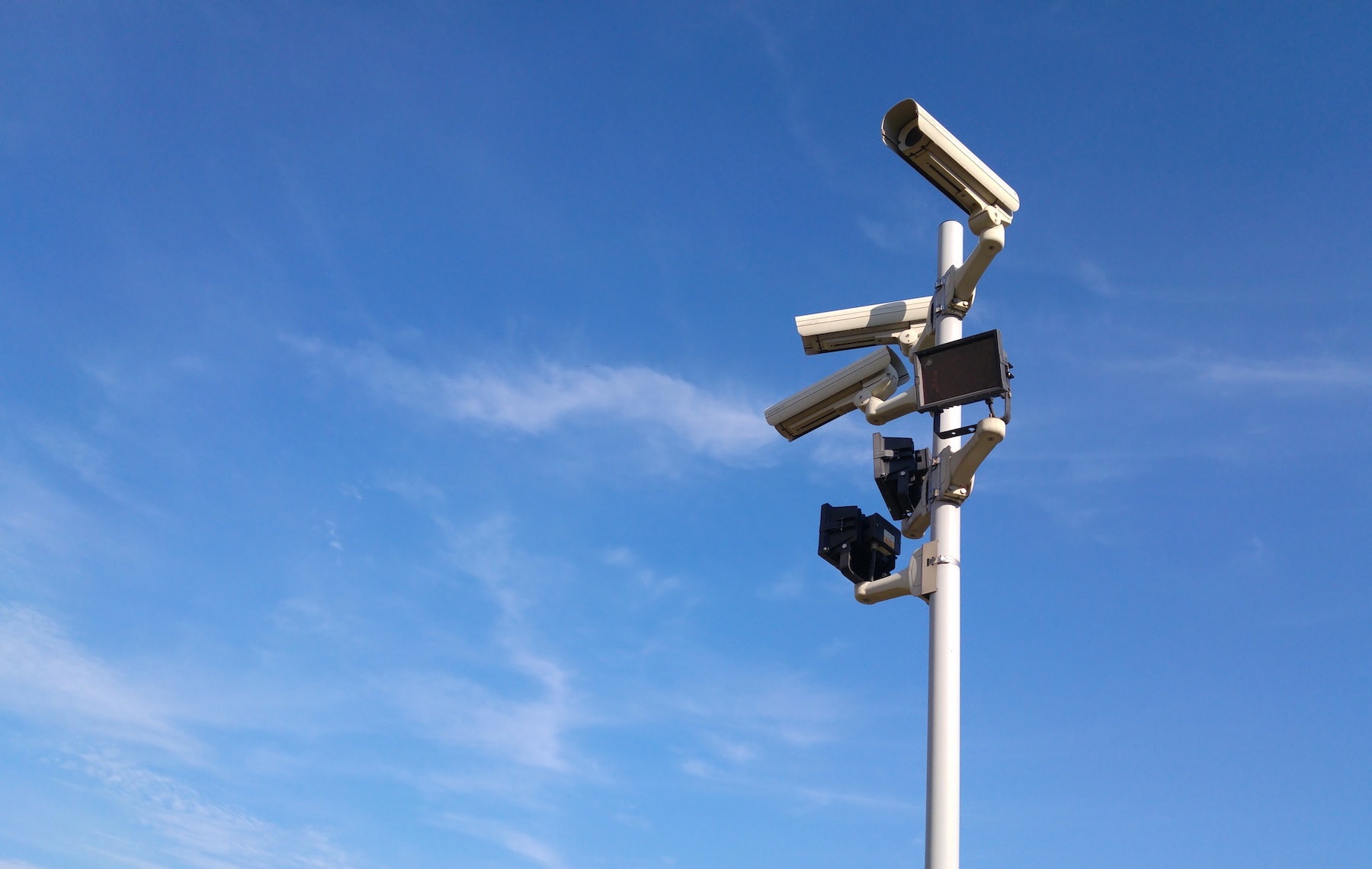 Security cameras on a post in front of the sky