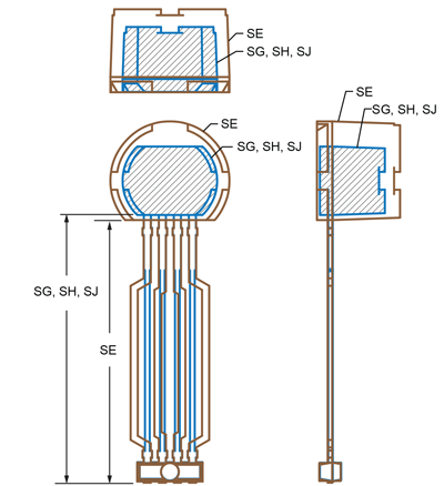 Figure 3. Comparison of the SE package outline with the SG, SH, and SJ outlines (All four packages share a similar overall configuration, but the SE case is rounded at the top, the SE case is larger, and the SE pins slightly shorter. The SE and SJ have similar pin spreading, while the SG and SH have straight pins, with the SH inner pins trimmed, as can be seen clearly in figure 2.)