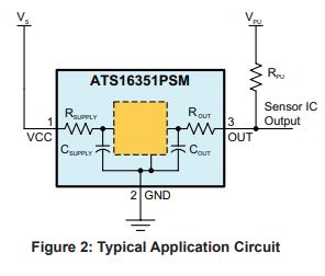 ATS16351 Self Calibrating TPOS, (True Power on State), GMR Camshaft Position Sensor, Speed Sensor IC with Integrated EMC Components Typical Application Diagram